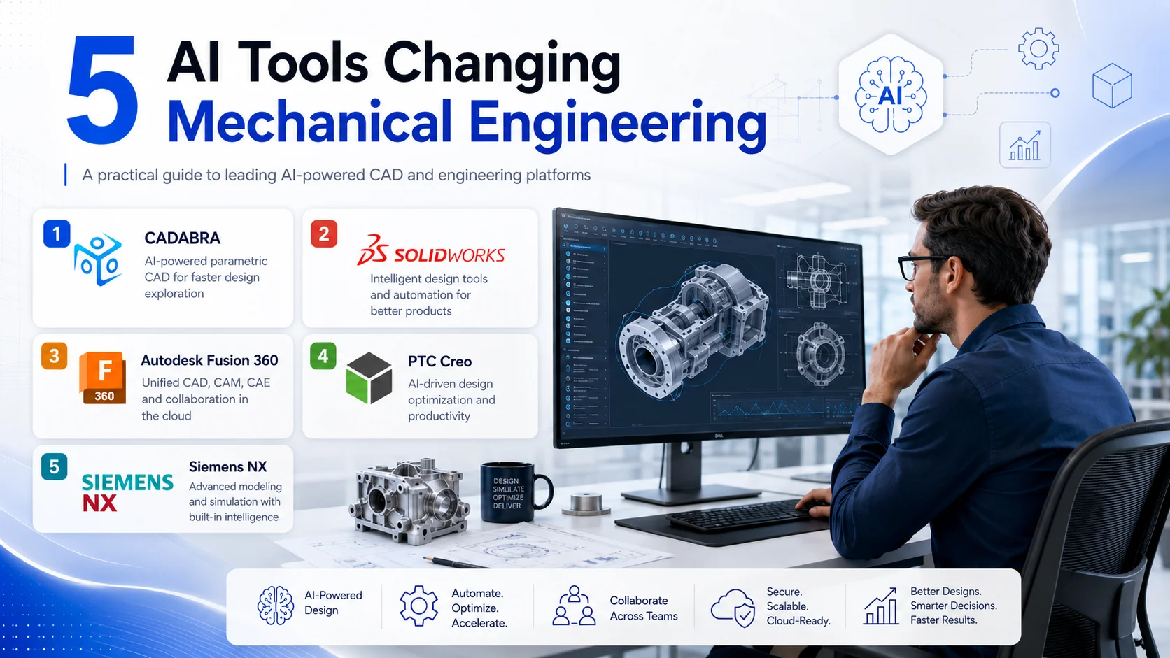 Five leading AI tools for mechanical engineers in 2026: CADABRA, SOLIDWORKS, Autodesk Fusion, PTC Creo, and Siemens NX